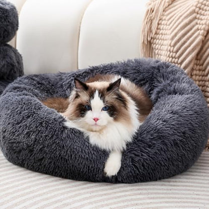 Plush Donut Cat Bed and Dog Bed Round Calming Pet Beds Fluffy Rabbit Cave Warm Dog Couch Non Slip Bottom for Pets Up to 10KG - size: 23.6INCH