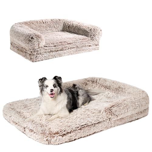 EHEYCIGA Foldable XXL Dog Bed for Large Sized Dog, 54"x38"x7.5" Faux Fur Fluffy Pet Couch Bed, Orthopedic Calming Memory Foam Big Pet Bed, Washable Pet Sofa Bed with Non-Slip Bottom, Faded Brown - color: Faded Brown, size: 54x38x7.5(Folded 38x27)