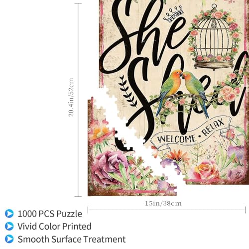 1000 Pieces Jigsaw Puzzles for Adults, She Shed Welcome Relax Lovebird Flower Art Puzzle, Stress Relief Logical Thinking Brain Teaser Puzzle 29.5x19.7 Inch - color: Wooden Puzzle16, size: 1000 Piece pcs
