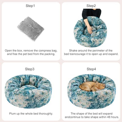 Dog Calming Beds for Small Medium Large Dogs - Round Donut Washable Puppy Dog Bed, Anti-Slip Faux Fur Fluffy Donut Cuddle Anxiety Cat Pet Bed (28" Flower) - color: Flower, size: 28"L x 28"W x 8"Th