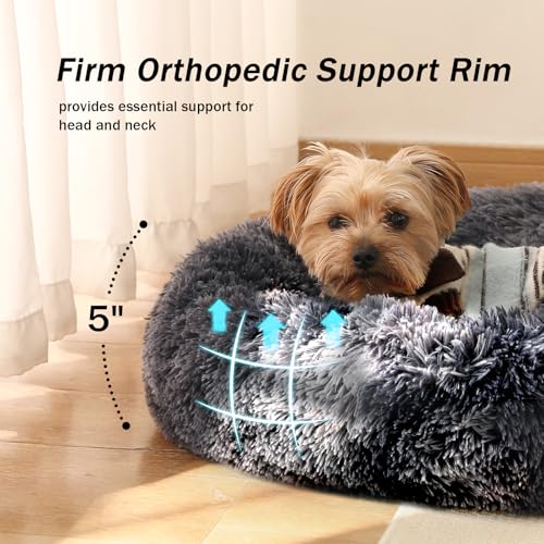 Calming Donut Dog Bed for Small to Medium Dogs & Cats - Plush Faux Fur Anti-Anxiety Pet Bed with Machine Washable Cover & Non-Slip Base - color: Bandhnu Dark Grey, size: X-Small 15.7''
