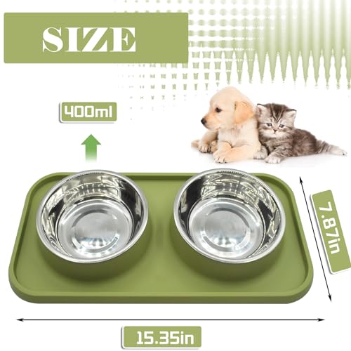 Double Dog Food Bowls Stainless Steel with No Spill Non Skid Silicone Mat Removable Dog Water and Food Bowls Set Durable Feeding for Small Dogs Puppy Cat Kitten(Green) - color: 【Green】