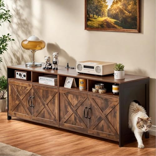 Double Cat Litter Box Enclosure for 2 Cats, 63" Hidden Litter Box Furniture with Outlet Power, Farmhouse Large Litter Box Cabinet TV Stand, 63 x 17.7 x 23.6 in, Black Brown