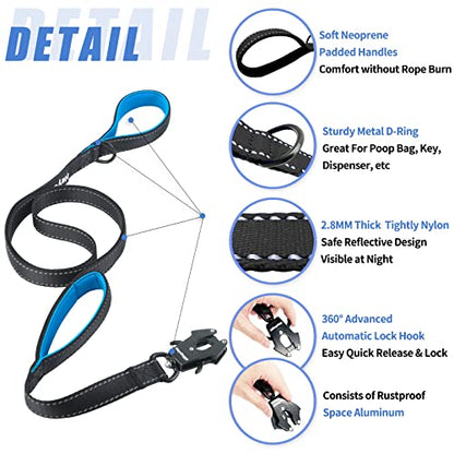 Strong Heavy Duty Dog Leash - 4ft Reflective Nylon Training Leash with Soft Padded Double Handle & Auto Lock Frog Clip - Safety Traffic Control for Large Medium Small Dogs No Pull Walk Black Blue,4ft - color: Black Blue, size: 4FT x 1" x 2.8MM