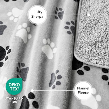 PETAMI Sherpa Fleece Waterproof CAT and Dog Blanket, PAW Gray, Queen - color: Paw Gray, size: Queen (90x90)