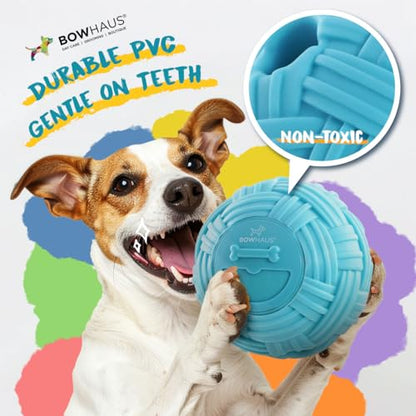 BOWHAUS Knitted Style Giggle Ball for Dog, 5.5 Inch Interactive Treat Dispensing Ball, Indestructible Fun Squeaky Dog Chew Exercise Toy, Non-Toxic Durable PVC Wobble Giggle Toy for Indoor Outdoor Play - style: Treat Ball - Knitted Style