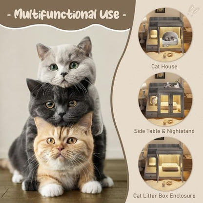 Merax Cat Litter Box Enclosure Furniture with Light,Hideaway Litter Box Furniture with 2 Storage Drawers for Living Room,Gray - color: Grey