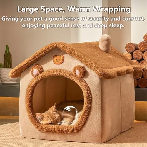 Cat Bed for Indoor Cats, Cozy Cave Bed Cat House Cats Tent with Removable Cushion Pillow, Soft Warm Pet House, Cute Bear Pet Nest for Kitten Small Dogs (Brown, M-18.1x14.57x15.75 Inches) - size: M-18.1x14.57x15.75 Inches
