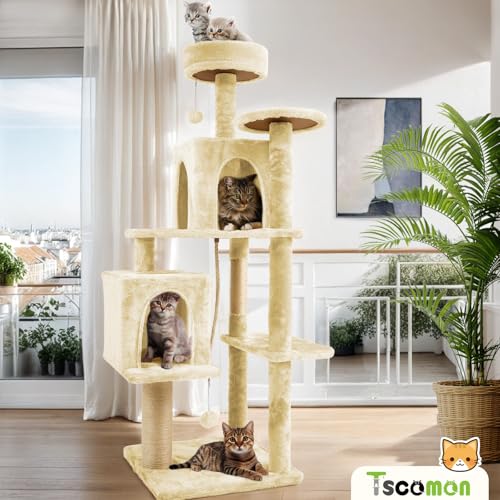 58.5inch Large Cat Tree Tower Condo for Indoor Cats, Soft Plush Multi-Level Climbing Tree Cat House, Scratching Post, More Entrance/Exit, Sisal Rope, Beige Almond - color: Beige Almond
