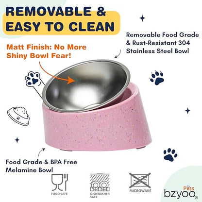 bzyoo 16oz Tilted Dog Bowl for Small Dogs & Cats, 15° Elevated Stainless Steel Pet Feeder, Ergonomic Anti-Vomiting Food Bowl for Frenchie, Pug, Persian Cat, Non-Skid Melamine Stand, Sprinkle (Pink) - color: Pink