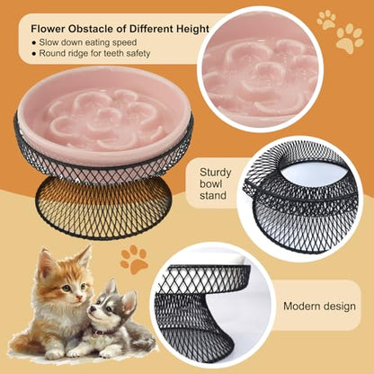 Raised Ceramic Cat Slow Feeder Bowl Elevated Food Bowl with Stand, Cat Slow Bowl for Wet Food and Dry Food, Whisker Friendly Pet Feeder for Kitty and Small Dog - color: Pink