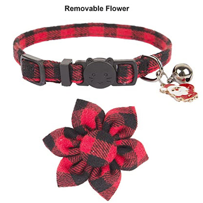 ADOGGYGO Christmas Cat Collars with Flower Bell, 2 Pack Breakaway Cat Christmas Collar with Removable Floral, Red Green Plaid Flower Collars for Cats (Red&Green-2) - color: Red&Green