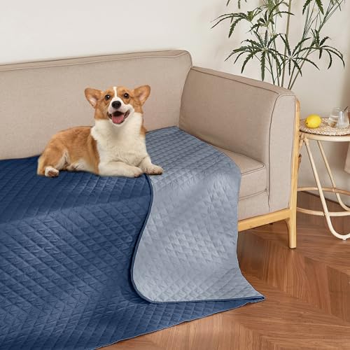 NICETOWN Waterproof Throw Blanket for Dogs & Indoor Cats, Washable Pet Furniture Floor Protector for Medium Large Dog Reversible Couch Cover, 52" Wide x 82" Long, 1 Panel, Navy/Stone Blue - color: Navy/Stone Blue, size: 82"L x 52"W x 0.15"Th