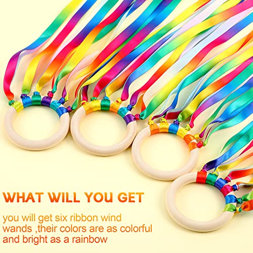 Sumind 6 Pcs Rainbow Ribbon Hand Kites Wands for Kids Dancer Streamer String Toy Thrown Waldorf Wand with Wooden Ring Wand Learning Educational(Warm Colors) - style: Warm Colors