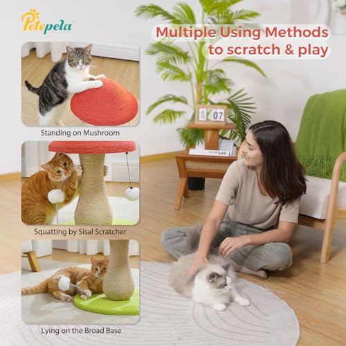 PETEPELA Mushroom Cat Scratching Post, Cat Scratcher Cute with 100% Sisal Covered Scratching Post & Pompoms Toy, Mushroom Cat Post for Indoor Cats - color: Mushroon Pink