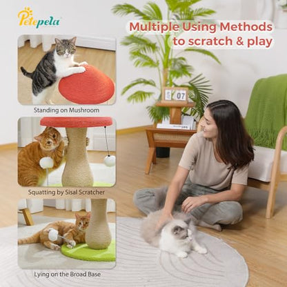 PETEPELA Mushroom Cat Scratching Post, Cat Scratcher Cute with 100% Sisal Covered Scratching Post & Pompoms Toy, Mushroom Cat Post for Indoor Cats - color: Mushroon Pink