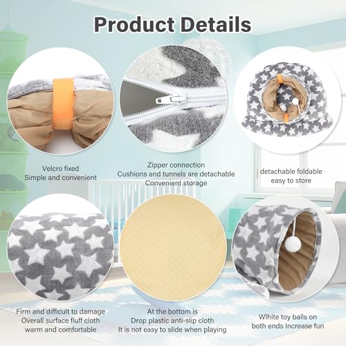 BWOGUE Bunny Tunnel Bed, 2-in-1 Collapsible Tunnel Tubes Toys with Removable Mat Hideout for Cats Kittens Rabbits Guinea Pigs Kitty (Greystar) - color: Greystar