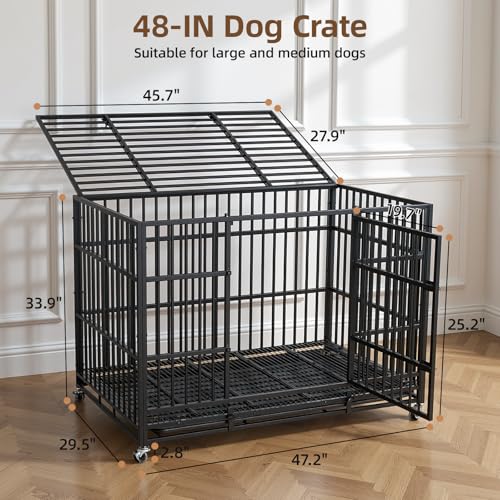 VOWNER 48 inch Heavy Duty Indestructible Dog Crate, Escape-Proof Dog Crate Cage Kennel with 4 Lockable Wheels, High Anxiety Dog Crate with Double Door and Removable Tray Design, for Large Dogs - size: 47.2"L x 29.5"W x 33.9"H