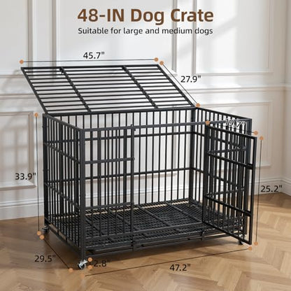 VOWNER 48 inch Heavy Duty Indestructible Dog Crate, Escape-Proof Dog Crate Cage Kennel with 4 Lockable Wheels, High Anxiety Dog Crate with Double Door and Removable Tray Design, for Large Dogs - size: 47.2"L x 29.5"W x 33.9"H
