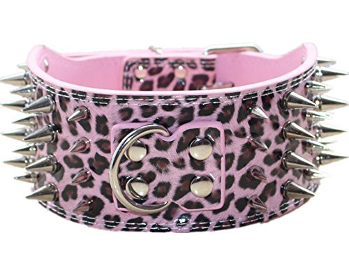 3" Sharp Spiked Studded PU Leather Dog Collar for Training,Sports,Walking,Medium,Large,X-Large,for Pitbull,Labrador,Boxer (M, Leopard) - color: Leopard, size: M