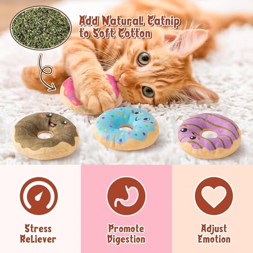 Donut Catnip Stuffed Toys for Cats - 5Pcs Pet Days Funny Dessert Organic Cat Toys Pet Supplies, Indoor Cats Chew Bite Teething Tools Kittens Catmint Birthday Present Interactive Supplies - style: Cute Donut