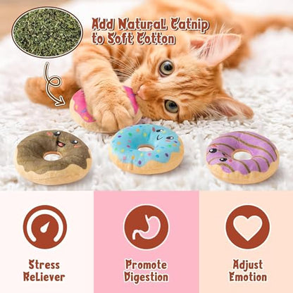 Donut Catnip Stuffed Toys for Cats - 5Pcs Pet Days Funny Dessert Organic Cat Toys Pet Supplies, Indoor Cats Chew Bite Teething Tools Kittens Catmint Birthday Present Interactive Supplies - style: Cute Donut