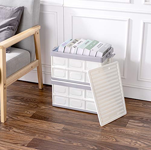 Collapsible Storage Bins with Lids 30L, Folding Plastic Stackable Utility Crates 2-Pack, Durable Containers for Home & Garage Organization - Oyster White - color: White