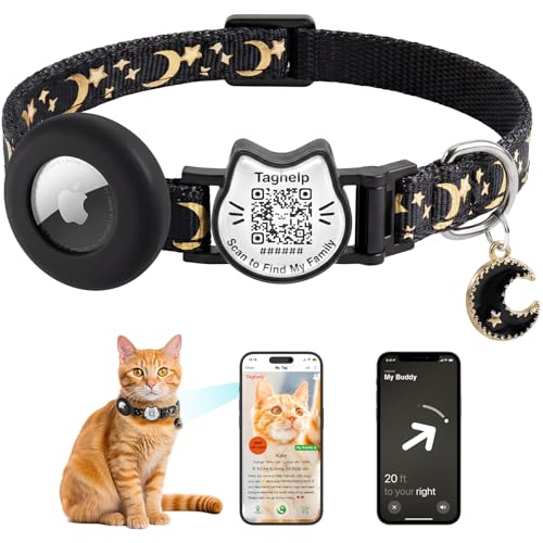 Smart QR Code Cat Collar with AirTag Holder,Star and Moon Breakaway Adjustable Kitten Collar with Pendant & Glow, Cute Pet Accessories for Girls & Boys, Pet Gifts(Black) - color: Black, size: with Integrated AirTag Holder