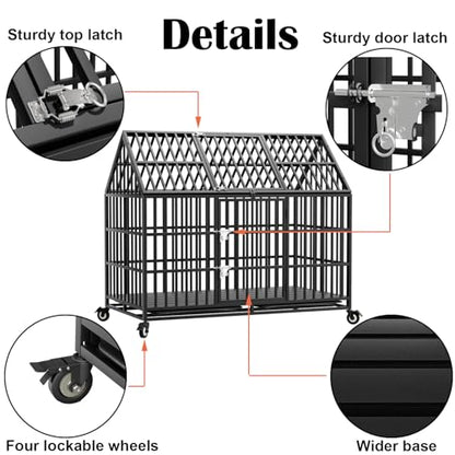 54 inch Heavy Duty Dog Crate with 2 Bowls, Indestructible Escape-Proof Dog Kennel Double Door, High Anxiety Large XXL Cage Indoor with Wheels and Trays, Max Load Capacity 300lbs - size: 53.9"L x 29.7"W x 46.1"H