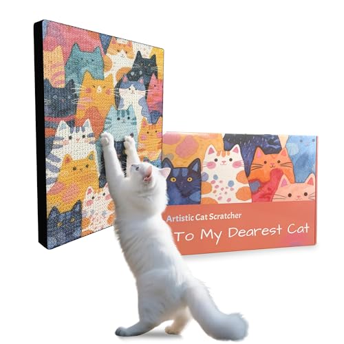 Art Cat Scratching Pad,Wall Scratcher for Indoor Cats - 16.54x11.81x1.18 Inches, Double-Sided Use, Cat Cardboard Scratcher Fits All Breeds & Sizes, Easy to Install,Cat Gifts - color: Cheerful Watercolor Cat Crew