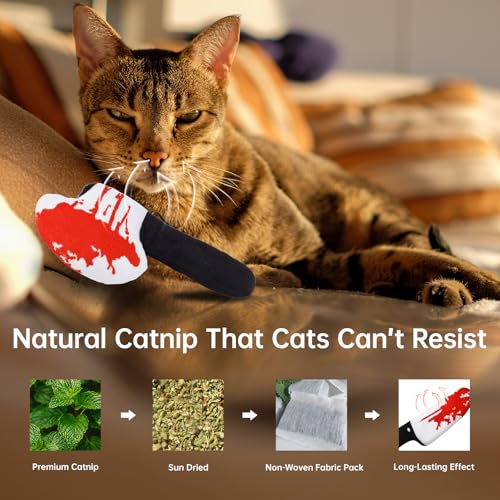 ZooZoo 8PCS Halloween Cat Catnip Toys, Assorted Shapes Plush Set with Crinkle Paper, Durable Bite-Resistant Fabric, Funny Catnip Cat Chew Toys, Interactive Play for Battling, Biting, Chasing (Knives)