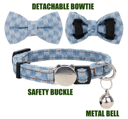 Cat Collar Breakaway Bowtie Safety with Bell Adjustbale Kitten Puppy Solid Plaid Color Set O-[2pcs] Denim - color: O-[2pcs] Denim