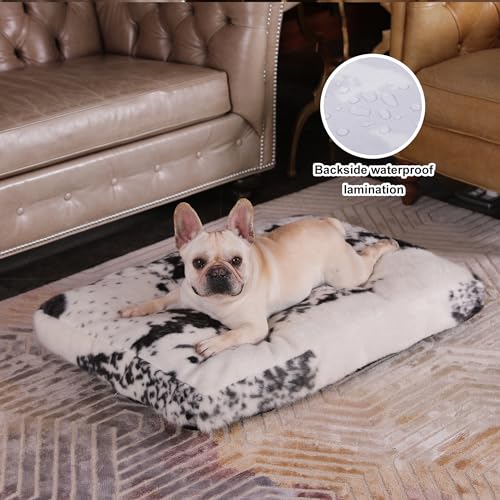 Bedfolks Plush Waterproof Dog Crate Bed - Removable Washable Cover, Faux Fur, 29"x21", Black-White Cowhide - color: Black-white cowhide, size: Medium(29x21'')