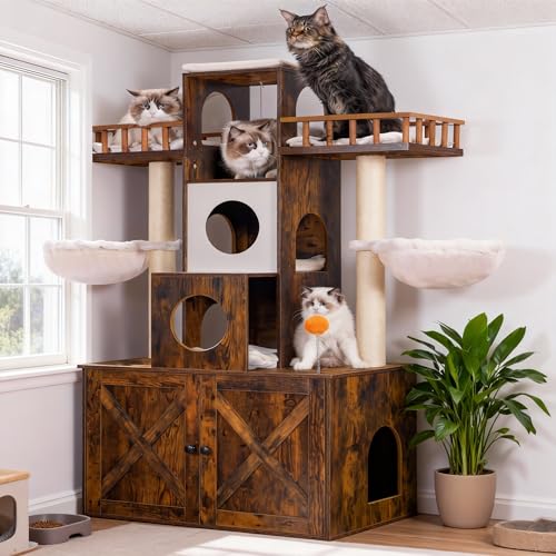 Heybly Cat Tree with Litter Box Enclosure for Indoor Big Cat, Cat Tower for Large Cats 20lbs Heavy Duty, Modern Cat Condo Furniture with Scratching Posts, Rustic Brown HCT110SR - color: Rustic Brown