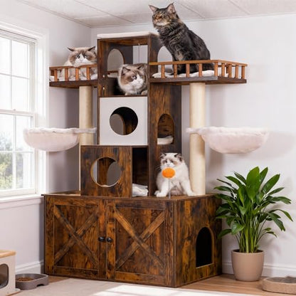 Heybly Cat Tree with Litter Box Enclosure for Indoor Big Cat, Cat Tower for Large Cats 20lbs Heavy Duty, Modern Cat Condo Furniture with Scratching Posts, Rustic Brown HCT110SR - color: Rustic Brown