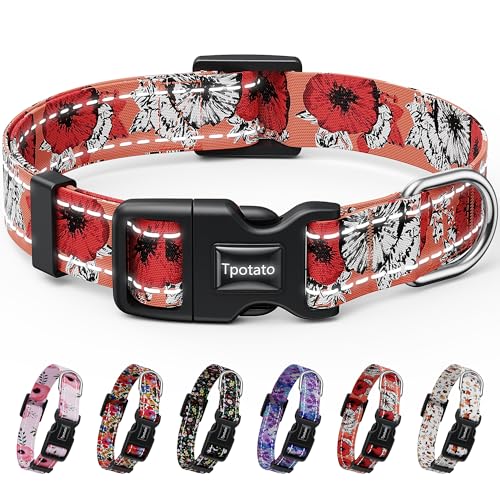 Tpotato Reflective Combination Pattern Girl Dog Collar for Puppy Small Medium Large Breed Dogs,Female Cute Floral Designer Dog Collars,Adjustable Soft Nylon Pet Collar,Quick Release Dog Collar S - color: floral, size: S（Neck 12"-16",Wideth 0.8")
