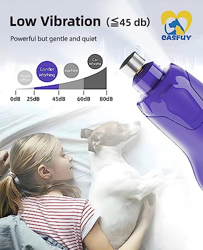 Casfuy Dog Nail Grinder Quiet - (45db) 6-Speed Pet Nail Grinder with 2 LED Lights for Large Medium Small Puppy Dogs/Cats, Professional 3 Ports Rechargeable Electric Dog Nail Trimmer with Dust Cap - color: Purple