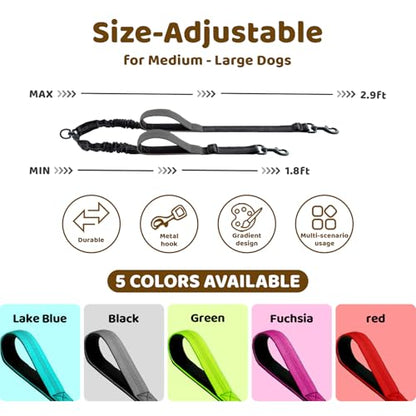 Double Dog Leash - No Tangle Splitter for Two Dogs, Coupler with Adjustable Long Lead Rope, Dual Control Handles, Retractable No Pull Bungee, Walk Train Small Medium Large 2 Pets (Grey) - color: Grey