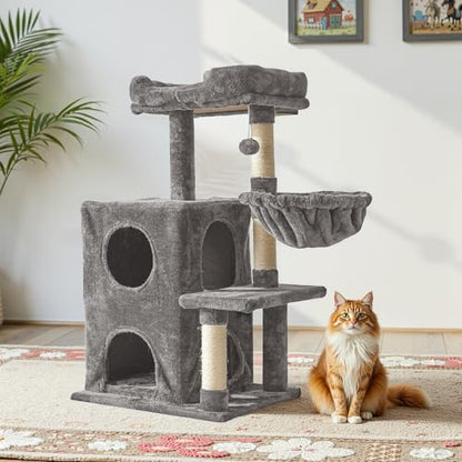 Fansafurn Modern Cat Tree with Scratching Posts, Cat Bed, Hammocks & Condos – Multi-Level Cat Tower for Playful Cats, 36" Modern Cat Tree Tower, Grey - color: Light Grey