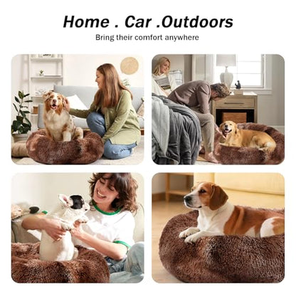 Calming Donut Dog Bed for Small to Medium Dogs & Cats - Plush Faux Fur Anti-Anxiety Pet Bed with Machine Washable Cover & Non-Slip Base - color: Bandhnu Dark coffe, size: X-Small 15.7''