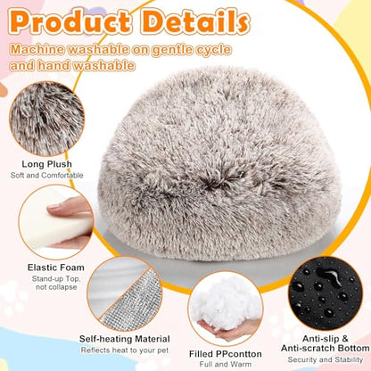 Cinnvoice 2 Pcs Self Warming Cat Beds with Hood, Self Heating Dog Cave Bed, Fluffy Round Covered Pet Pad, Plush Hooded Pet Beds with Non-Slip Bottom for Indoor Cat or Small Middle Dog(Coffee,24 in) - size: 24 In