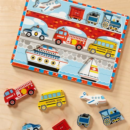 Melissa & Doug Vehicles Wooden Chunky Puzzle (9 pcs), Educational Screen Free Activity for Toddler, Preschoolers And Kids Ages 2+- FSC Certified - style: Vehicles