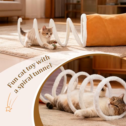 Ownpets 2-in-1 Cat Tunnel, Large Lollipop Shape Cat Tunnel Toy with Fluffy Balls, Spiral Toy, Plush Collapsible Cat Cave Hideout Donut Tunnel for Multi Kitten Puppy Rabbit (Orange) - color: Orange