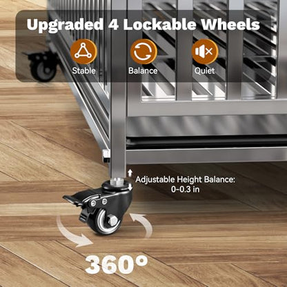 Holiwei 37" Heavy Duty Dog Crate, Escape Proof Stainless Steel Dog Kennel with Top Opening, 4 Lockable Wheels, Easy Clean Metal Dog Cage for Medium-Large/Anxious Dogs - size: 37.0"L x 25.0"W x 30.0"H