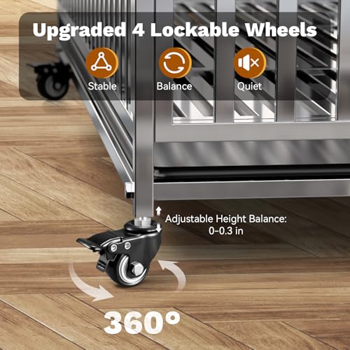 Holiwei 42" Heavy Duty Dog Crate, Escape Proof Stainless Steel Dog Kennel with Top Opening, 4 Lockable Wheels, Easy Clean Metal Dog Cage for Large/High Anxiety Dogs - size: 42.5"L x 27.6"W x 31.5"H