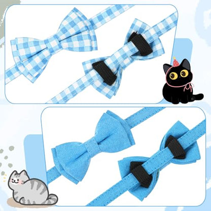 2 Pcs Bow Tie Cat Collar with Bell Breakaway, Cat Collar for Boy Cats with Bell, Cute Kitten Bow Tie Collars, Sot Adjustable Color Plaid Pet Collars (Blue) - color: Blue