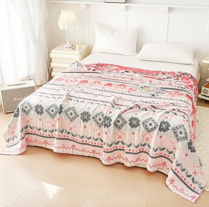 MEJU Boho Indian Pink Gray Retro Southwest Muslin Reversible Blanket for Bed Sofa Couch 100% Combed Cotton 3 Layer Soft Warm Bedspread Throw Blanket Bed Coverlet Twin 60 in x 80 in - color: Boho Pink, size: Twin 60 in x 80 in