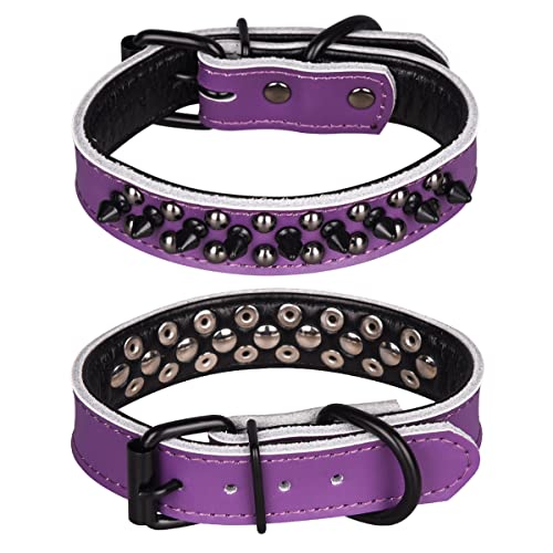 Spiked Studded Dog Collar, Genuine Leather Dog Collar, Adjustable Pet Collars for Small or Medium Pet (S, Purple-1) - color: Purple-1, size: S