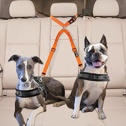Lukovee Double Dog Seat Belt, New Dual Pet Car Headrest Restraint Safety Seatbelt No Tangle Dog Leash Duty Adjust Elastic Bungee Puppy Lead Splitter Connect Harness in Vehicle Travel for 2 Dogs (OR) - color: Orange
