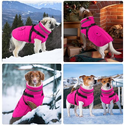 Dog Coat with Harness, Waterproof Warm Dog Winter Jacket with Pockets, Reflective Pet Fleece Jacket Turtleneck Snowsuit for Small Medium Large Dogs - Pink, 3XL - color: Pink, size: XXX-Large(Chest:42.9" Back:26.8" Neck:26.8")